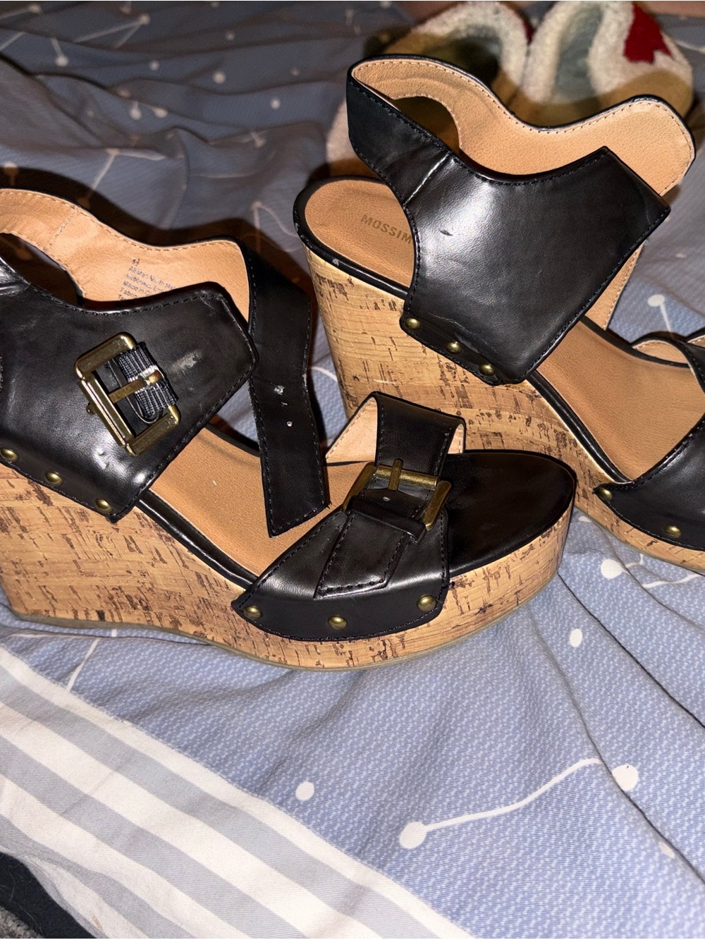 MIA Black Cork Platform Wedge Sandals with Buckle Accents